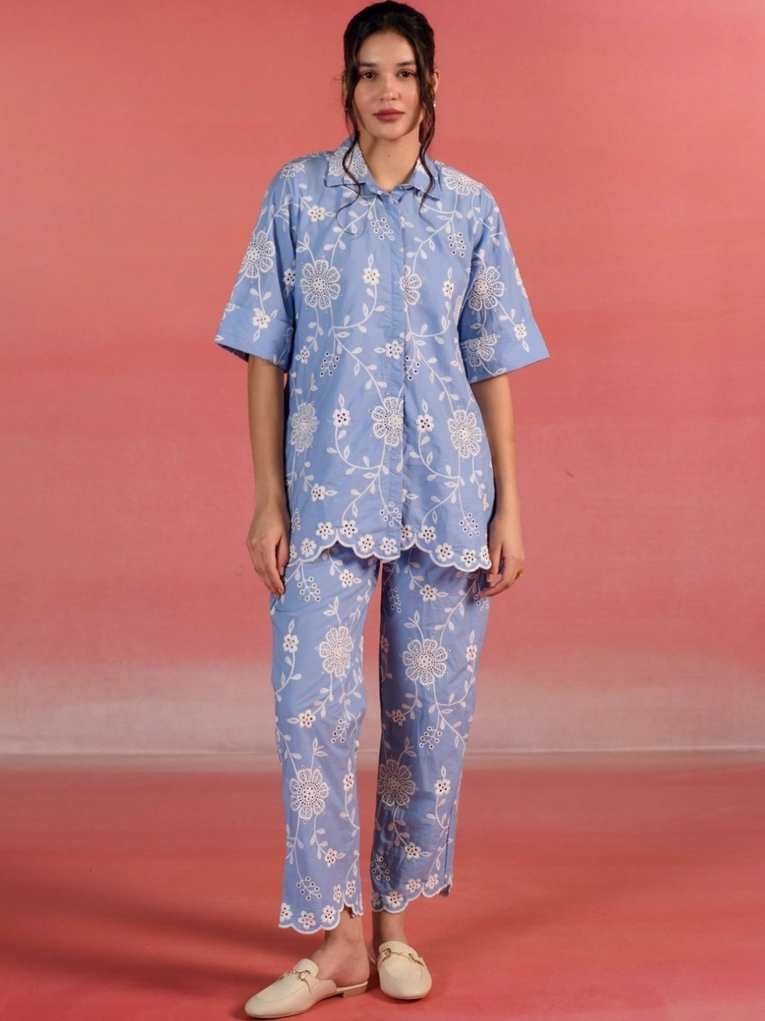 Kameez by Pooja Blue Floral Embroidered Poplin Shirt