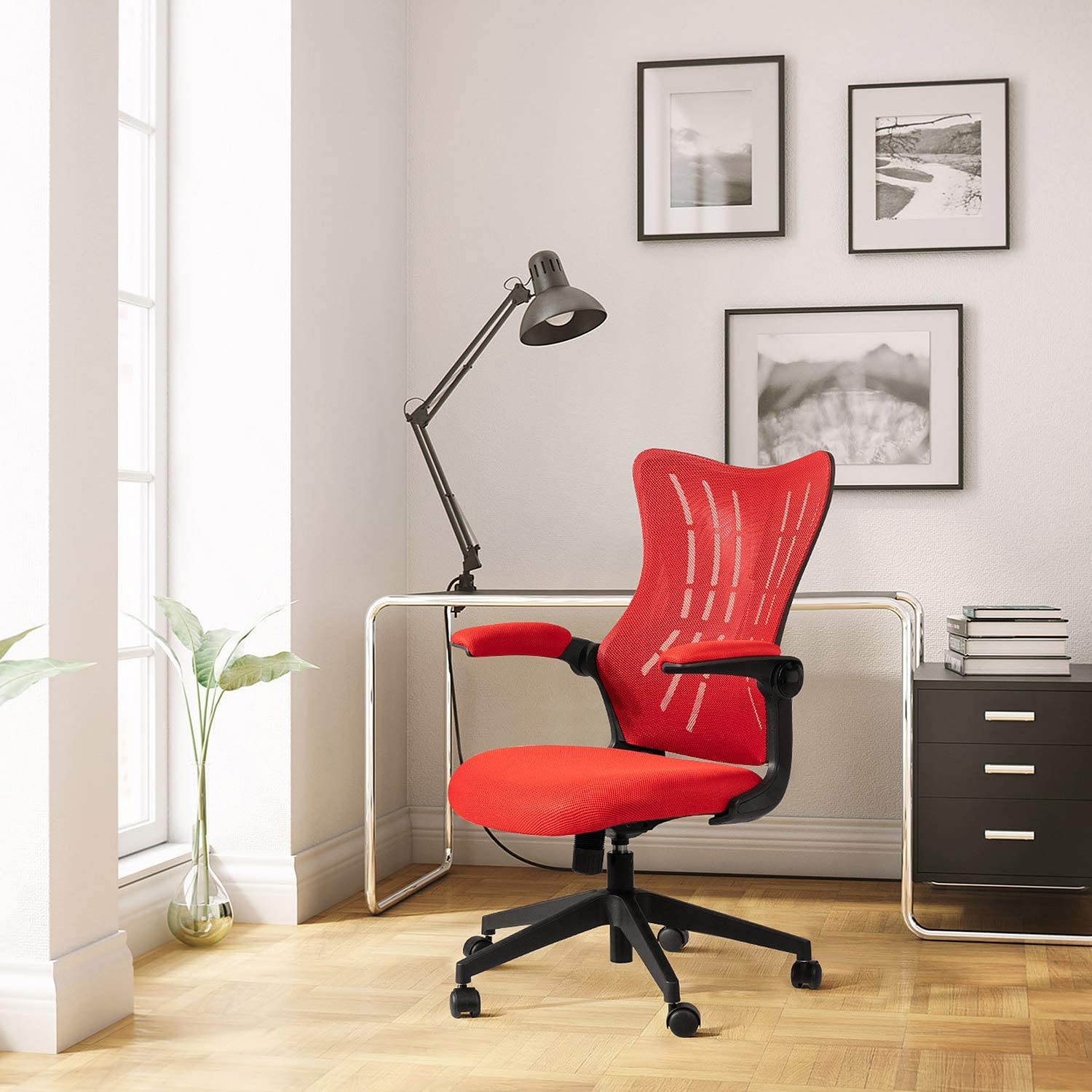 Furmax Office Desk Chair with Flip Up Arms, Mesh Mid Back Computer Chair Swivel Task Chair with Ergonomic Lumbar Support (White)