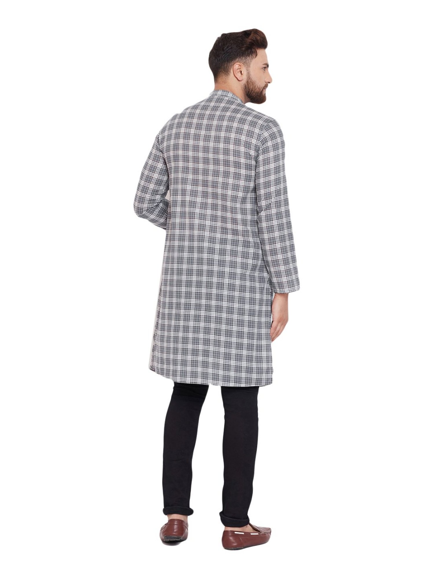Even Grey Cotton Regular Fit Checks Kurta