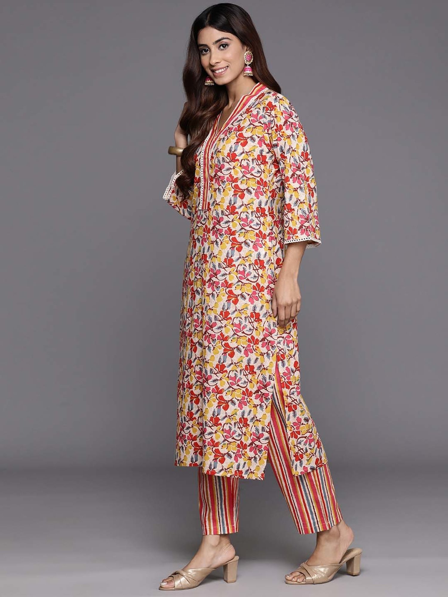 Varanga Multicolored Cotton Printed Kurta Pant Set With Dupatta