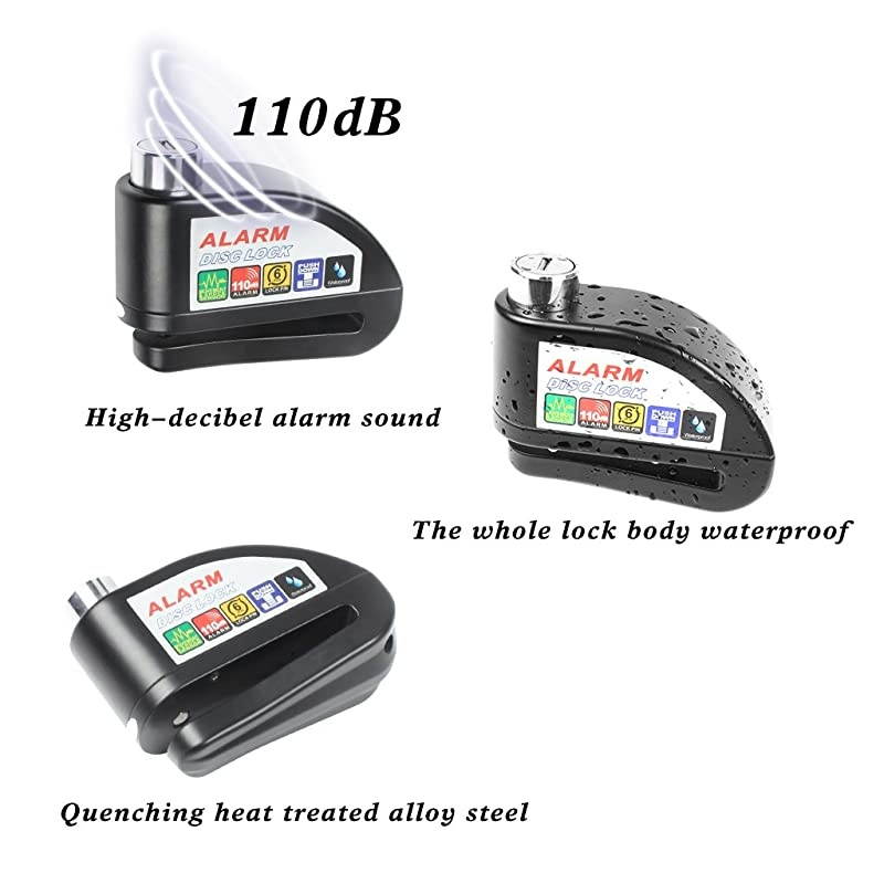 Disc Brake Lock, Anti-Theft Motorcycle Accessories Ultra 110db Alarm Disc Lock Motorcycle Lock 6mm Pin Keys Scooters Bikes Bicycle (Black)