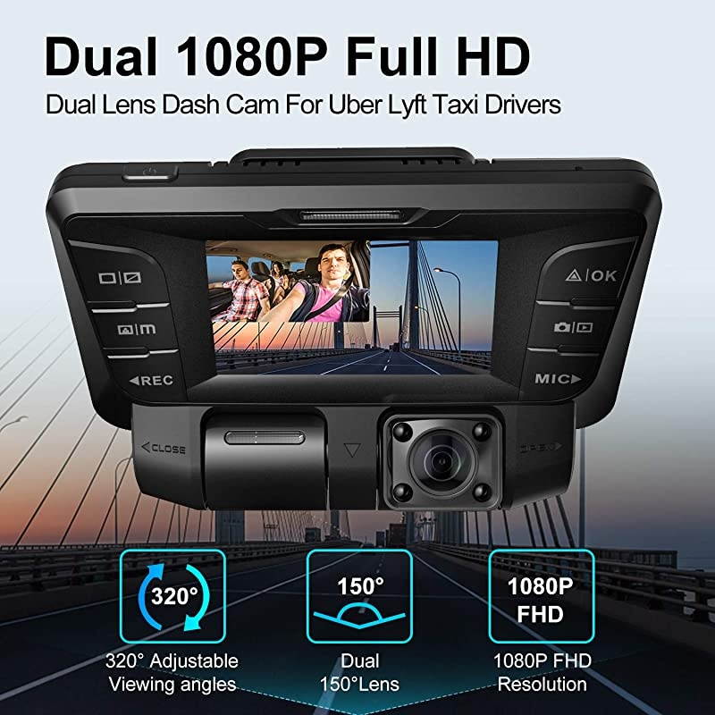 C2 Dash Cam with Infrared Night Vision Dual 1080P Front and Inside Dash Camera for Cars Truck Taxi