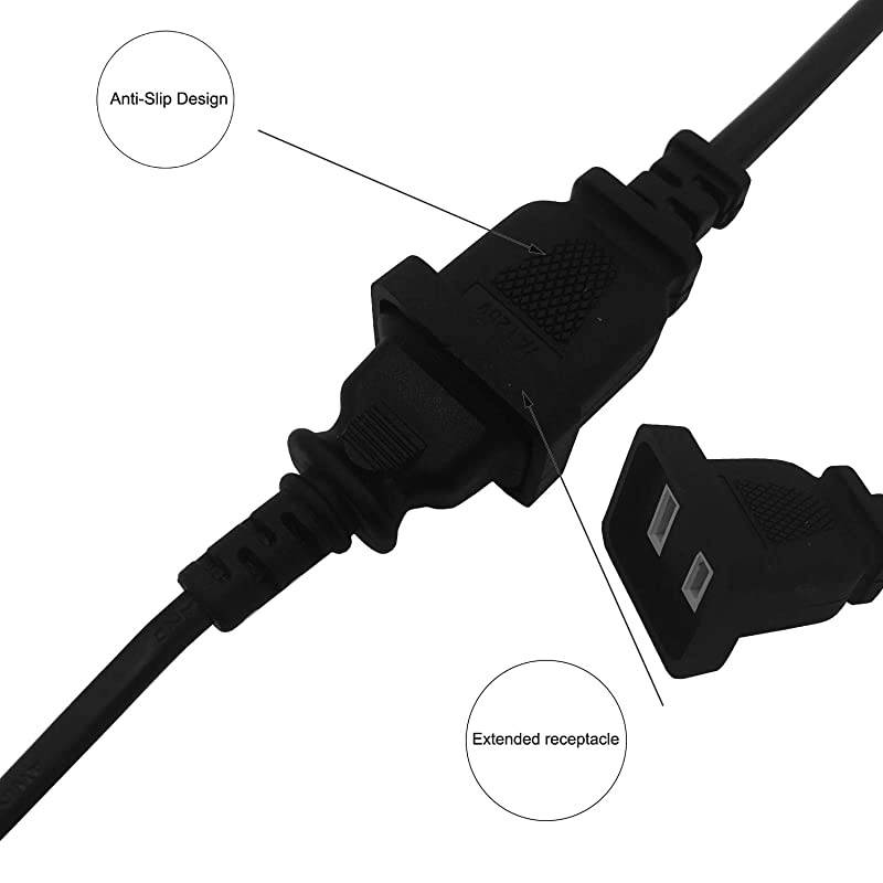 1FT03M AC Power 2 Prong Extension Cord Cable  US Black Short Power Extension Cord Male to Female for NEMA 115P to NEMA 115R 1Pack