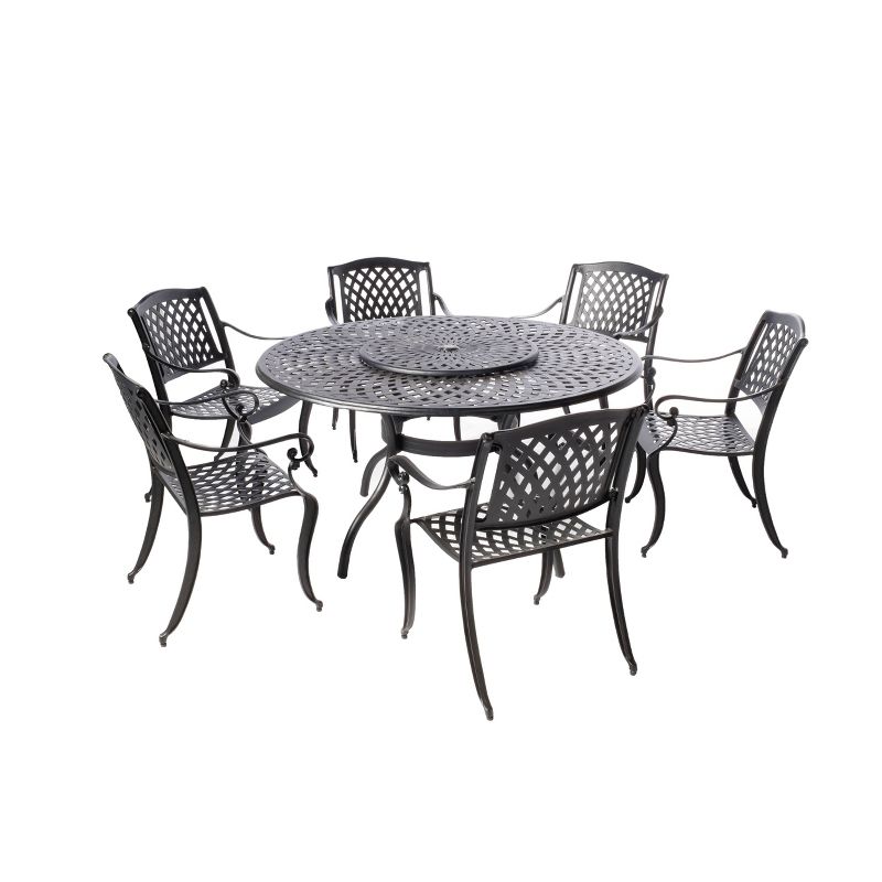 Westbury 7pc Cast Aluminum Dining Set with Umbrella Hole Round Table & 6 Stackable Arm Chairs - Alfesco Home