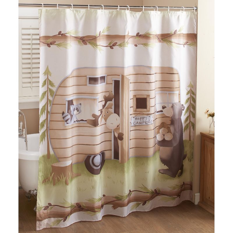 Lakeside Woodland Creatures Shower Curtain with with Camping Bear, Moose and Raccoon