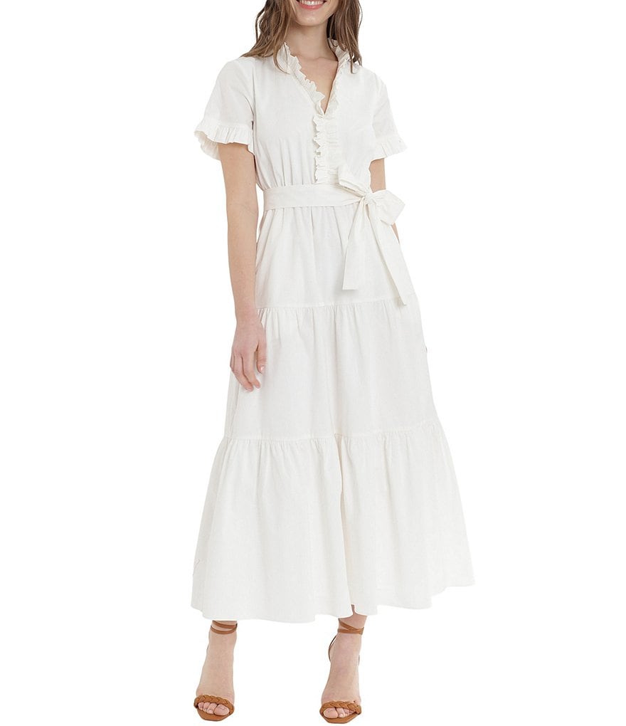 Donna Morgan Ruffle Tiered Cotton Poplin Short Sleeve Maxi Dress