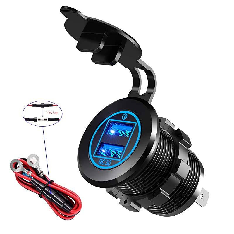 36W Quick Charge 3.0 Dual USB Car Charger Socket, Metal Waterproof 12V USB Outlet with Blue LED & 10A Fuse for 12V/24V Marine Boat Golf Cart Truck Motorcycle and More