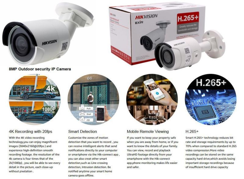 Hikvision 8.0MP 4K UltraHD Exir Bullet Camera 2.8mm, 3840x2160, EXIR 98ft Night Vision,Hikvision DS-2CD2083G0-I,Smart H.265+ WDR,3DNR, SD Card Slot, VCA, ONVIF, IP67,Ik10 [English Version] 1-Pack