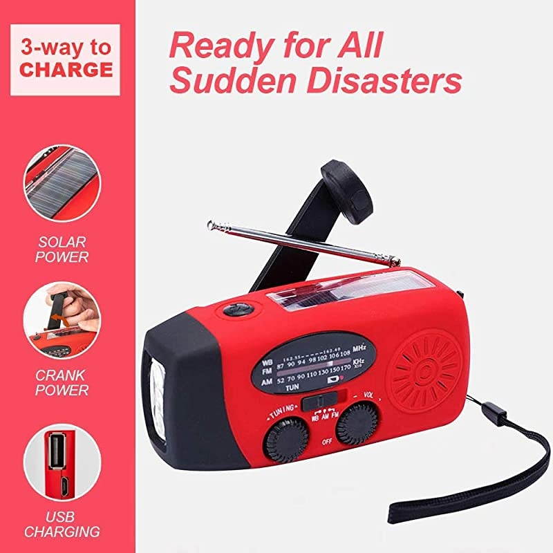 Solar Hand Crank Radio AMFM NOAA Solar Weather Radio with LED Flashlight 1000mAh Emergency Power Bank for iPhoneSmart PhoneRed