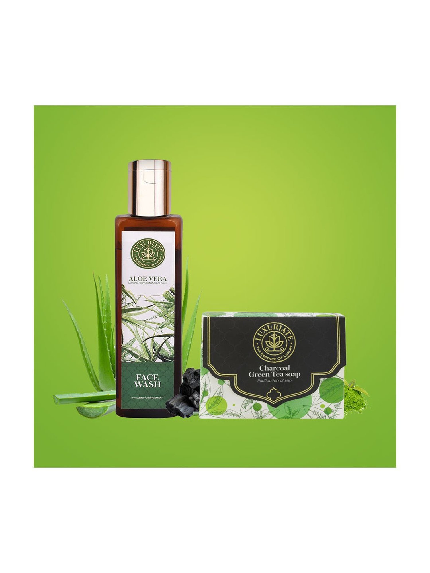 Luxuriate Charcoal Green Tea Soap and Herbal Aloe Vera Face Wash Combo