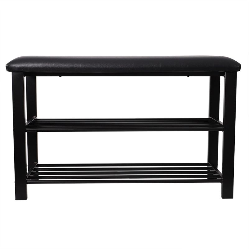 Home Basics Cushioned Storage Bench with 2 Tier Steel Shoe Rack, Black