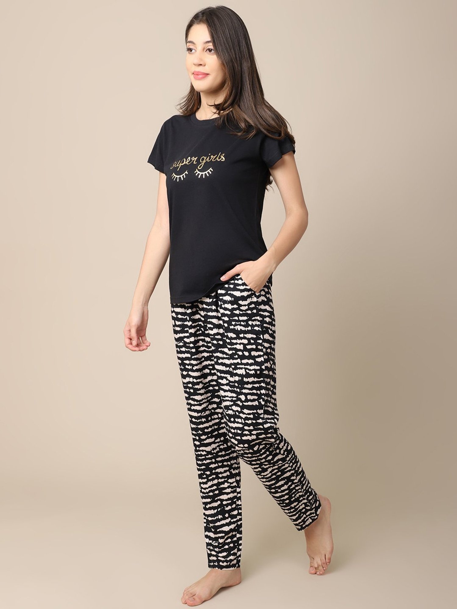 Boston Club Black Printed T-Shirt With Pyjamas
