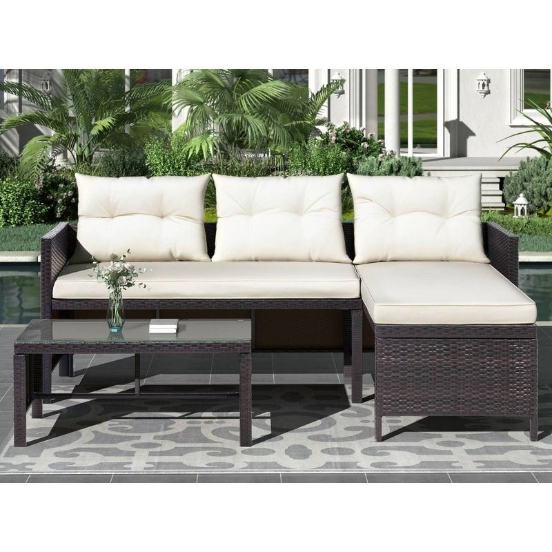 3pc Rattan Wicker Patio Sofa Set with Coffee Table - Art Leon