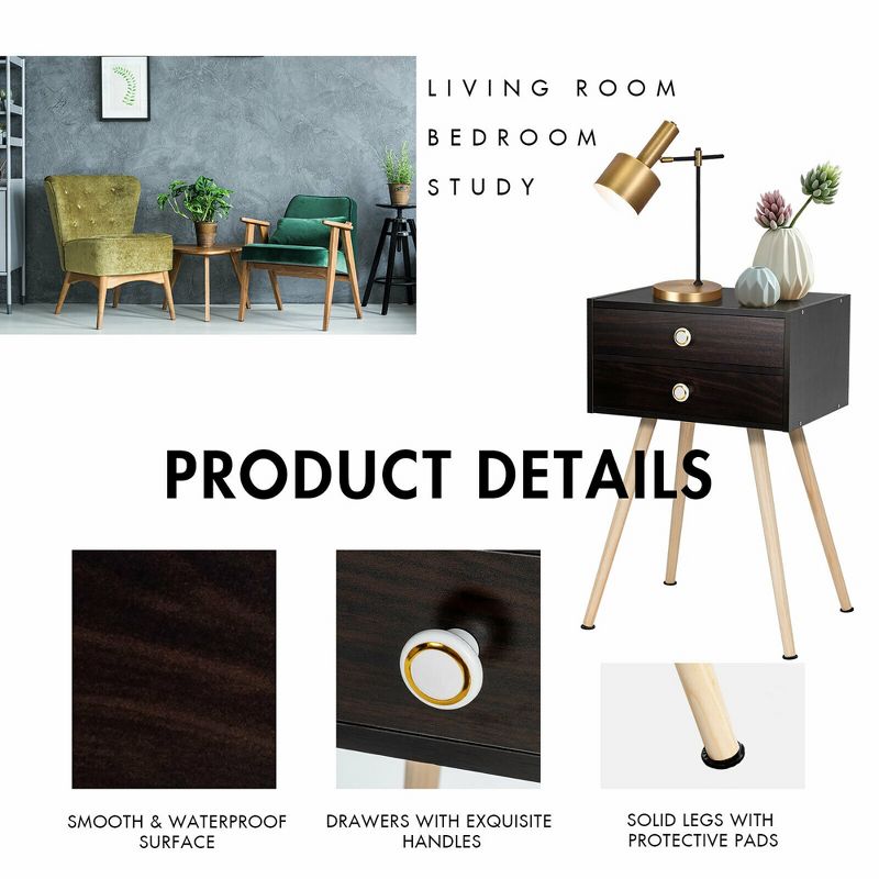 Costway Mid Century Modern 2 Drawers Nightstand Sofa Side Table End Table Espresso