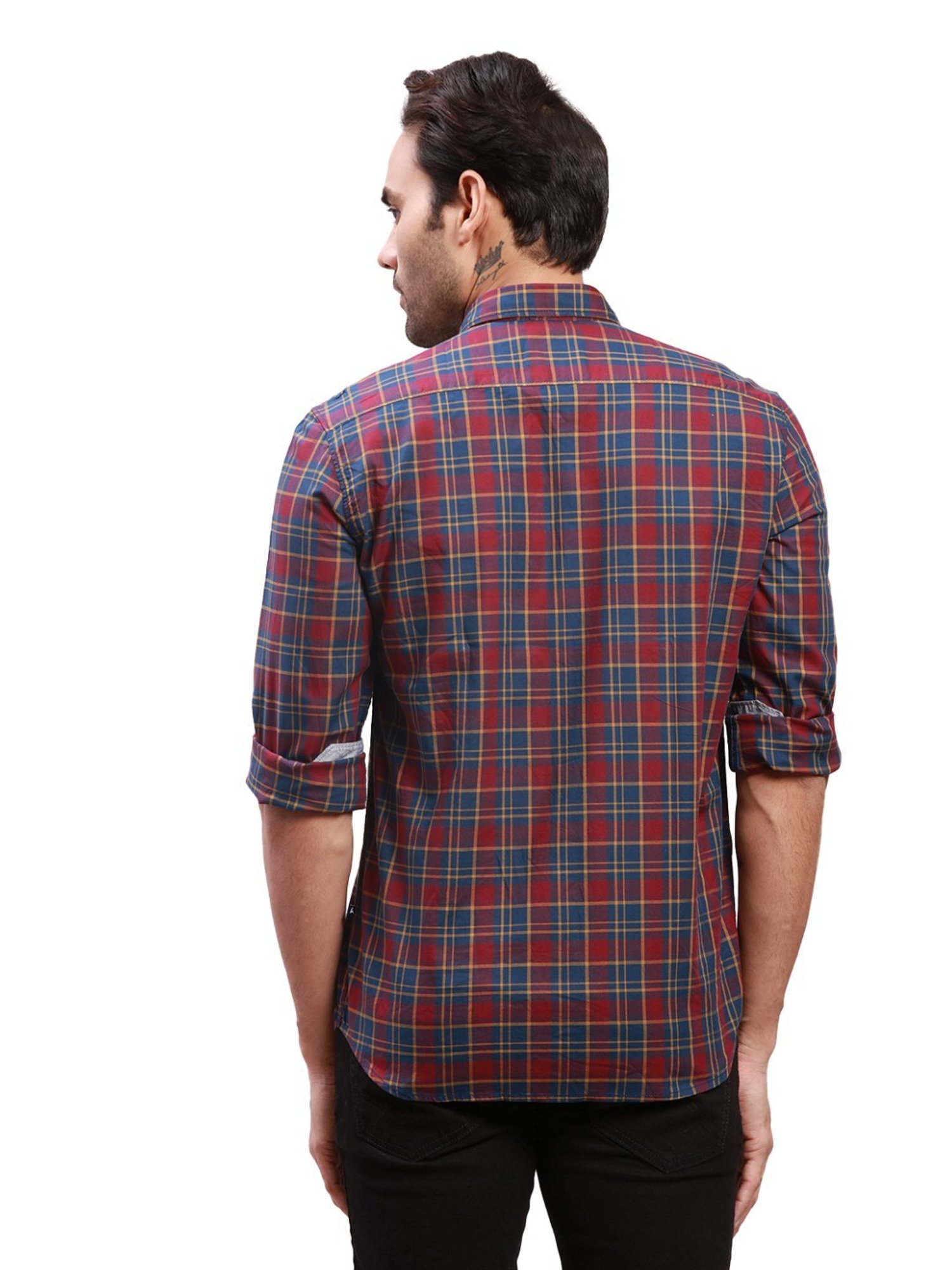 Spykar Blue Cotton Slim Fit Checks Shirt