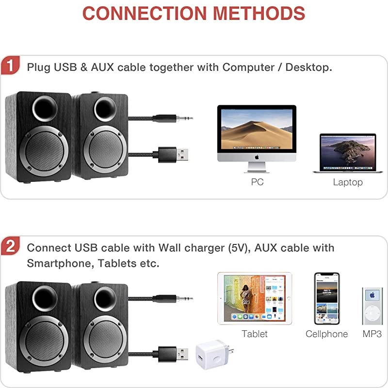 PC Computer Speakers Mica PB20i with 20CH Surround Sound Wooden Wired LED Volume Control Mini Speaker for Multiple Devices Black