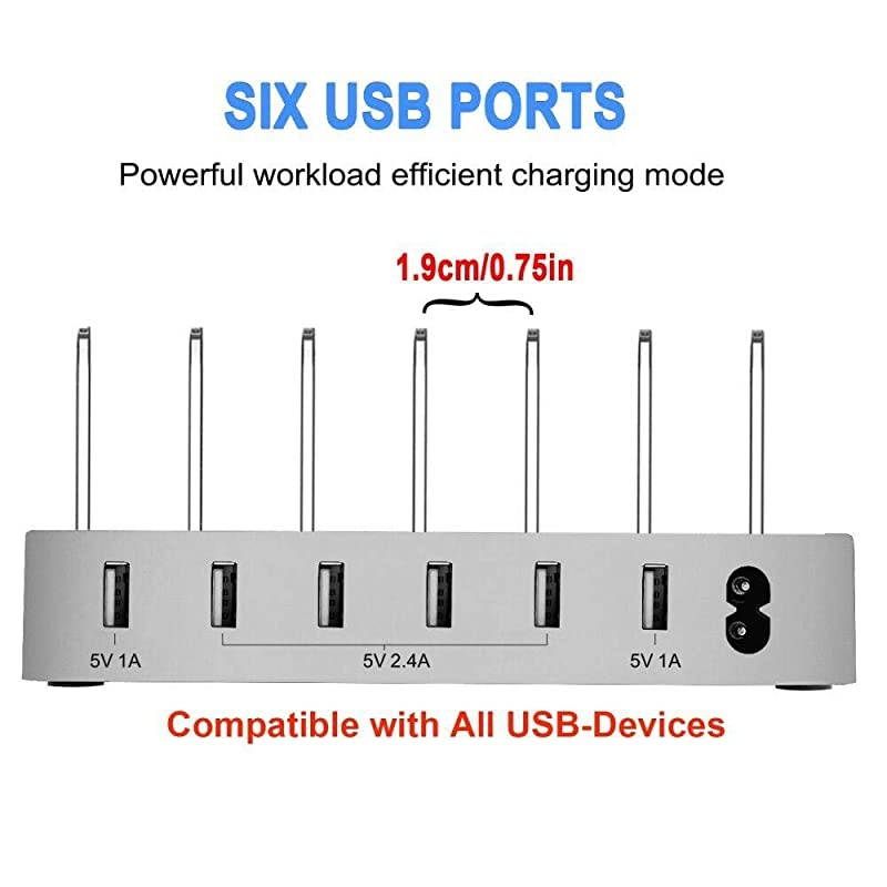USB Charging Station, Charger Station with 5 Phone Cable,1 Type-C,1 Micro Cable,6-Port Charging Station for Multiple Devices(Silver White)