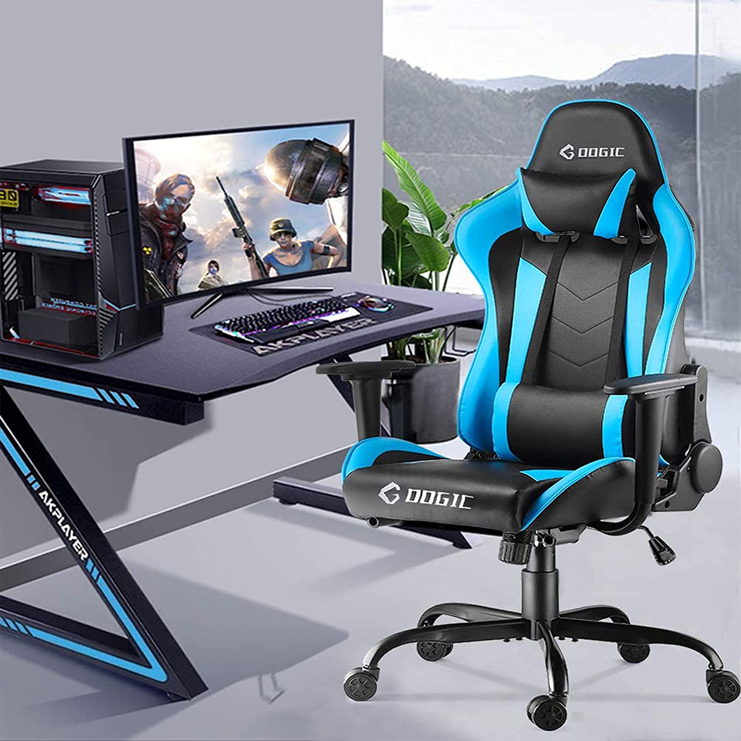 Gaming Chair Racing Computer Chair Ergonomic High Back Video Game Chair PU Leather E-Sports Chair with Headrest and Lumbar Support Executive Office Chair (Blue)