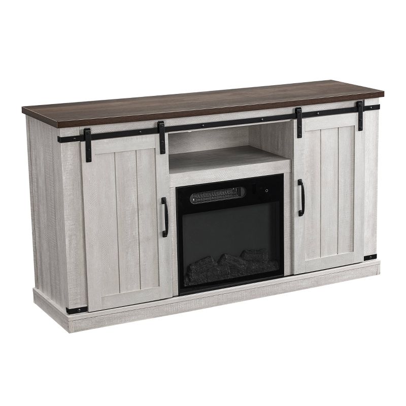 54" Sliding Doors TV Stand For TVs up to 60" with Electric Fireplace Saw Cut Off White - Home Essentials