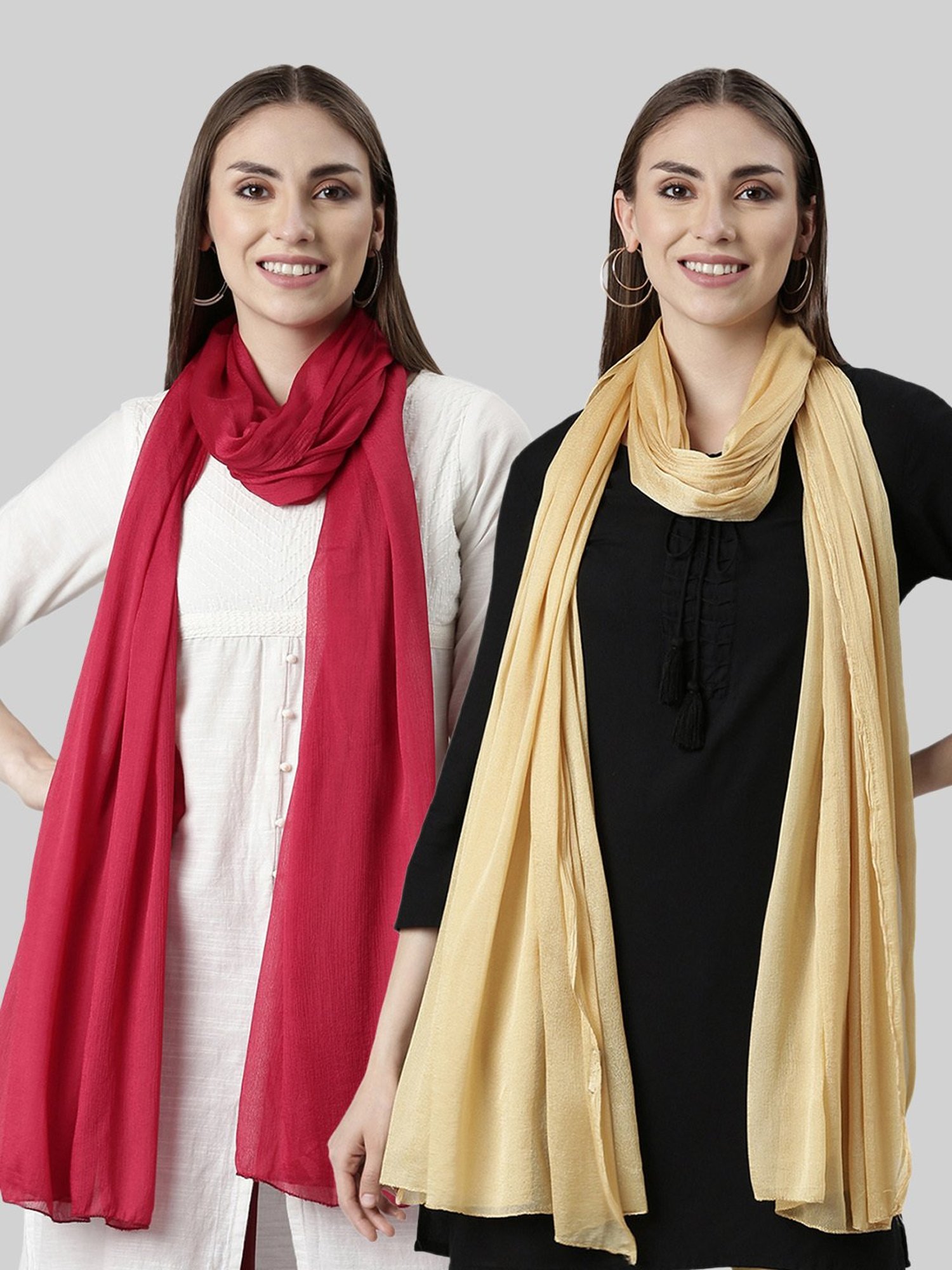 TWIN BIRDS Red & Gold Dupatta - Pack of 2