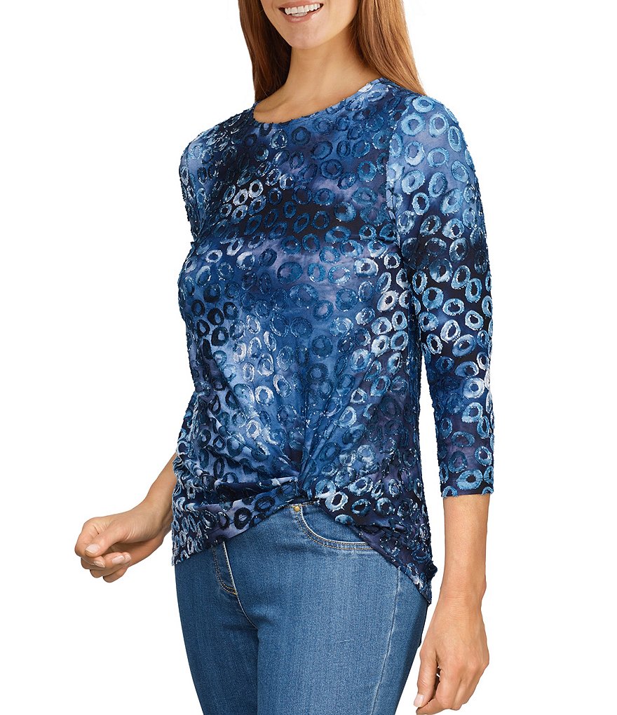 Ruby Rd. Leopard Tie-Dye Jacquard Ballet Neck 3/4 Sleeve Side Knot Hem Top