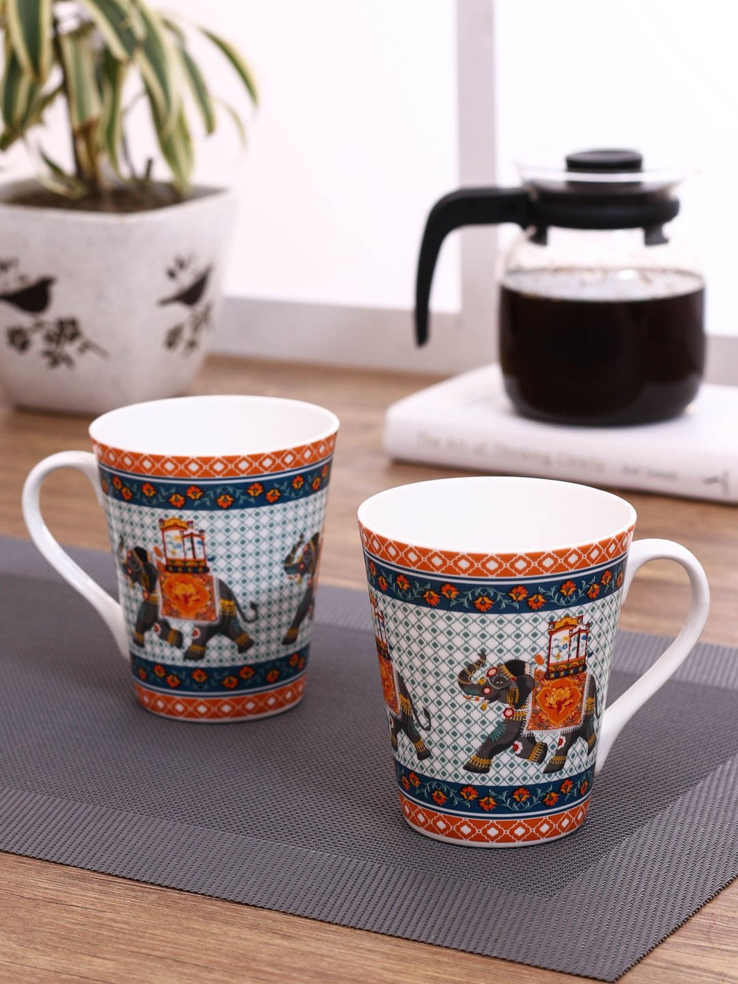 India Circus Fine Ceramic Floral Printed Milk Mug Set of 2 - 380 ml each