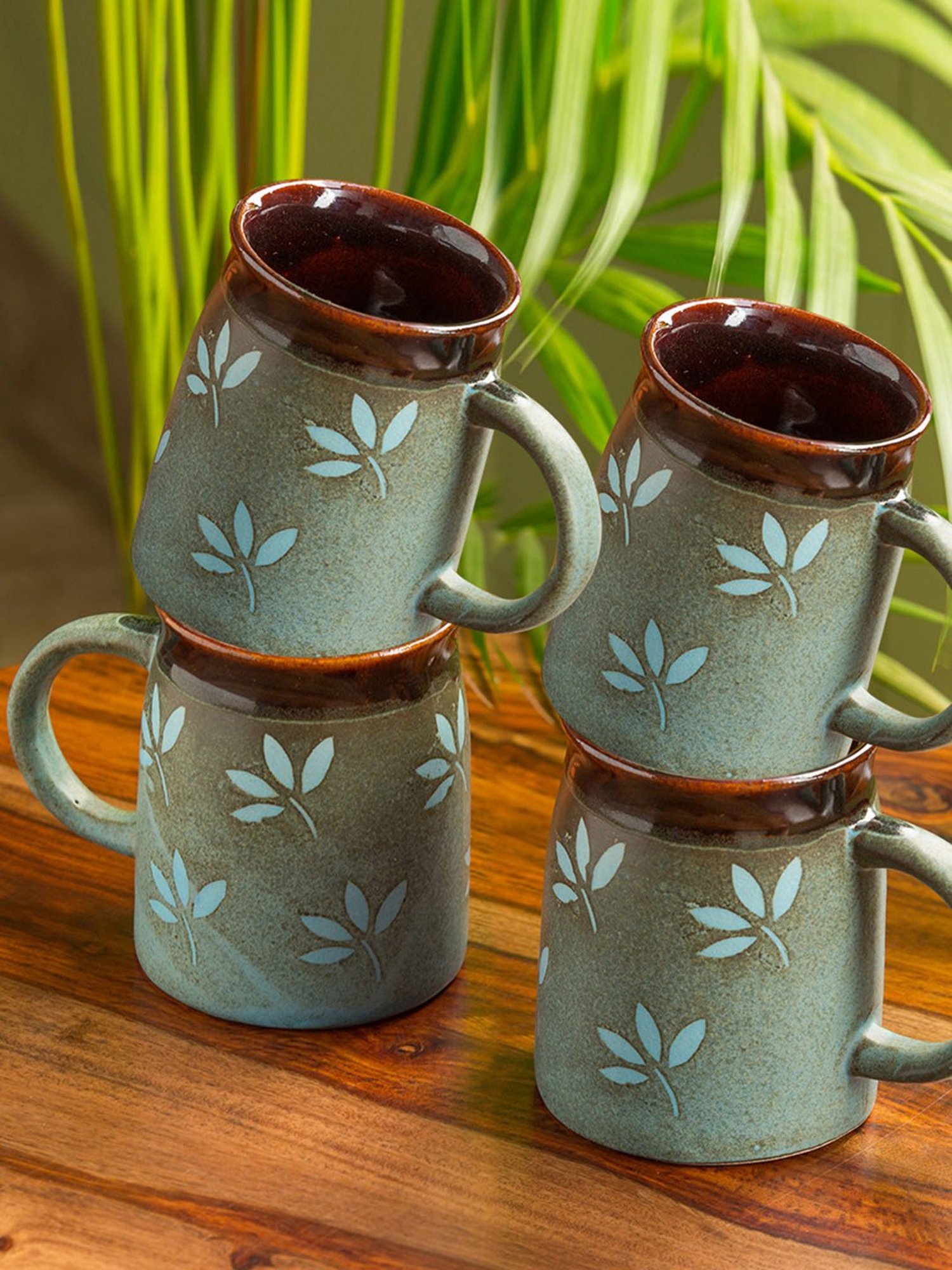 ExclusiveLane Sage Green & Cocoa Brown Ceramic Coffee Mugs - Set of 6 (400ml)