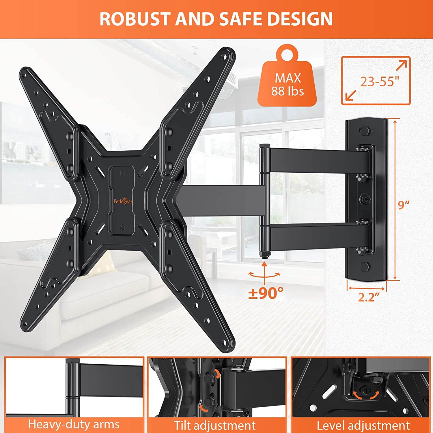 Full Motion TV Wall Mount for 23-55 Inch LED LCD Flat Curved TVs with Swivel Articulating Extends Tilt Arm fit Max VESA 400x400mm up to 88lbs