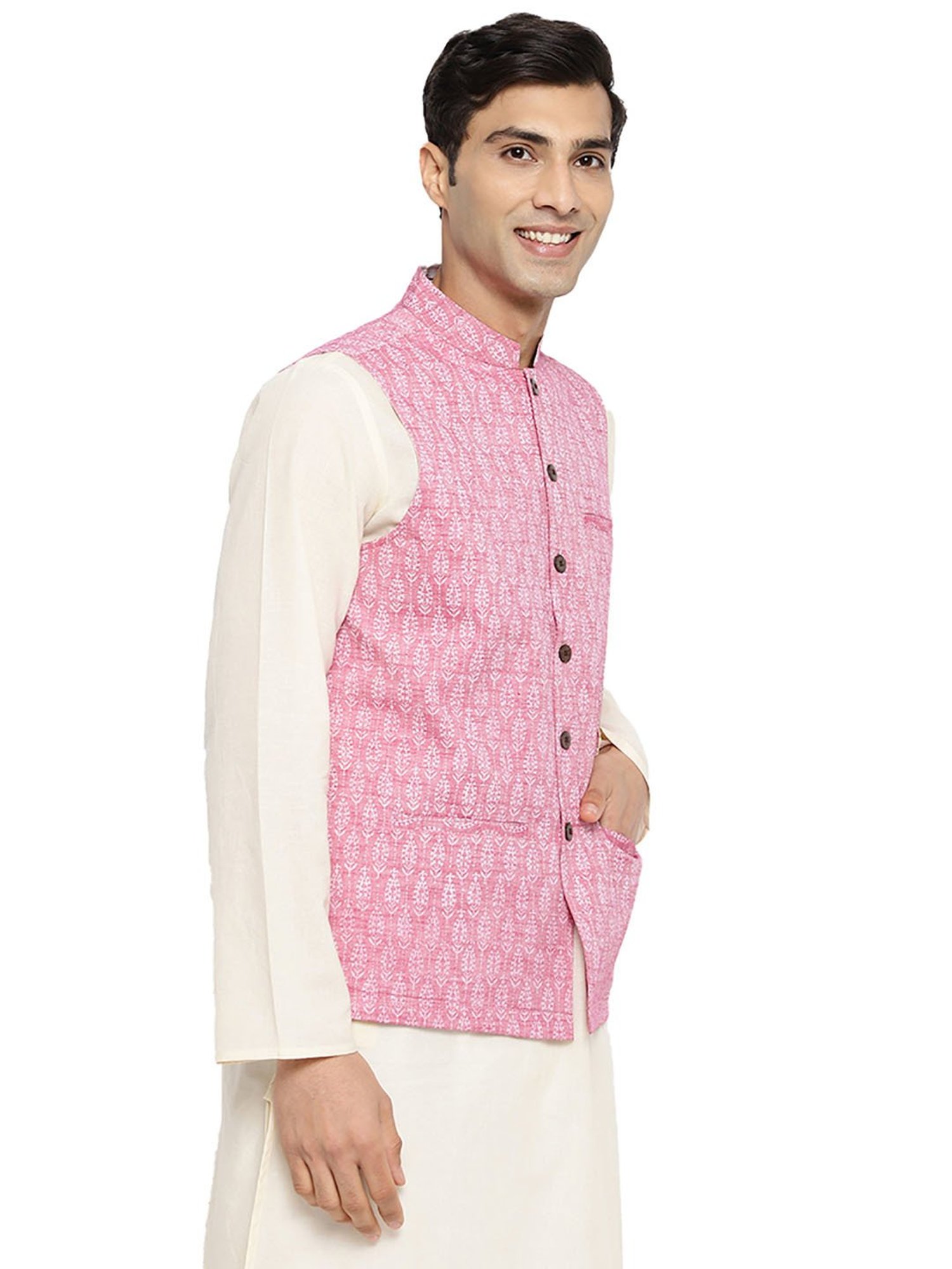 Fabindia Pink Regular Fit Printed Nehru Jacket