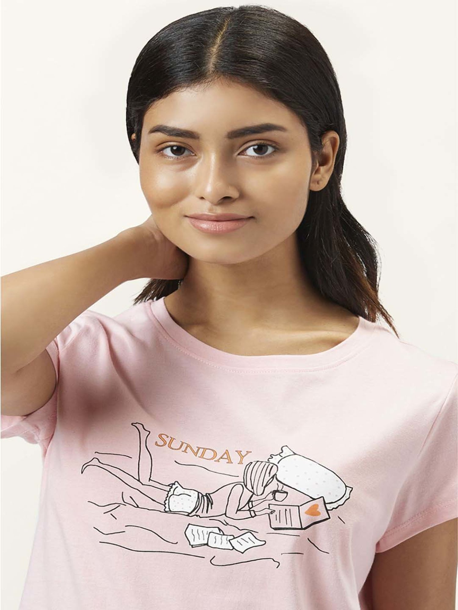 Dreamz by Pantaloons Pink & Black Cotton Printed T-Shirt & Pyjama Set