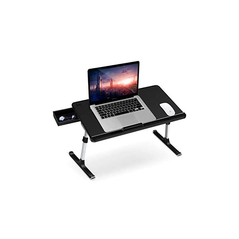 Laptop Table Stand Desk  Adjustable PVC Leather Laptop Bed Table Portable Standing Desk with Storage Drawer Foldable Lap Tablet Desk for Sofa Couch Floor LargeBlack