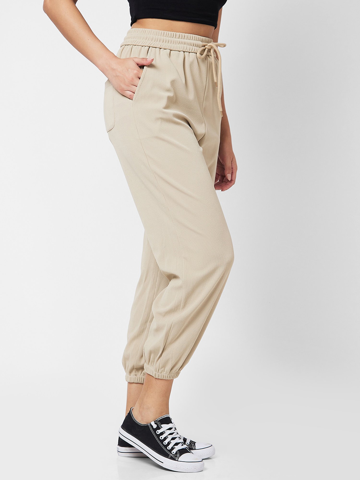 Spykar Beige Regular Fit High Rise Joggers