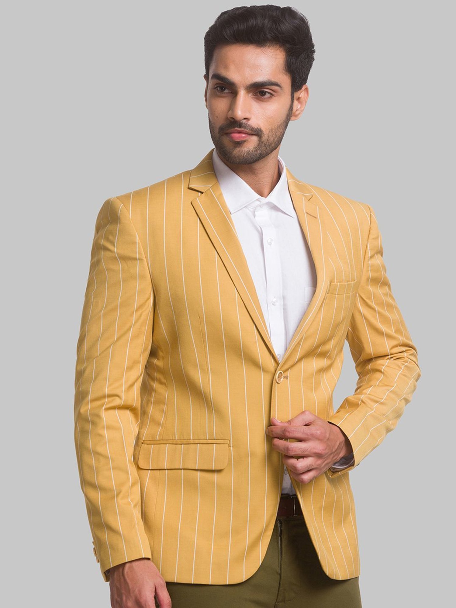 Park Avenue Yellow Regular Fit Striped Blazer
