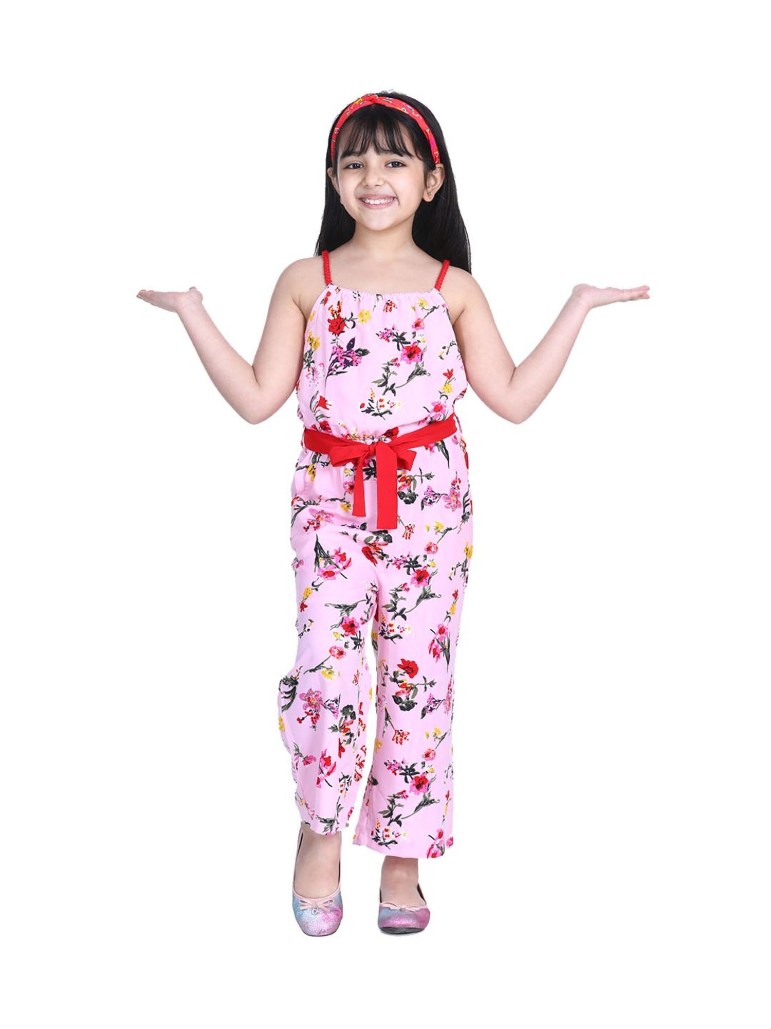 StyleStone Kids Pink Printed Jumpsuit with Belt