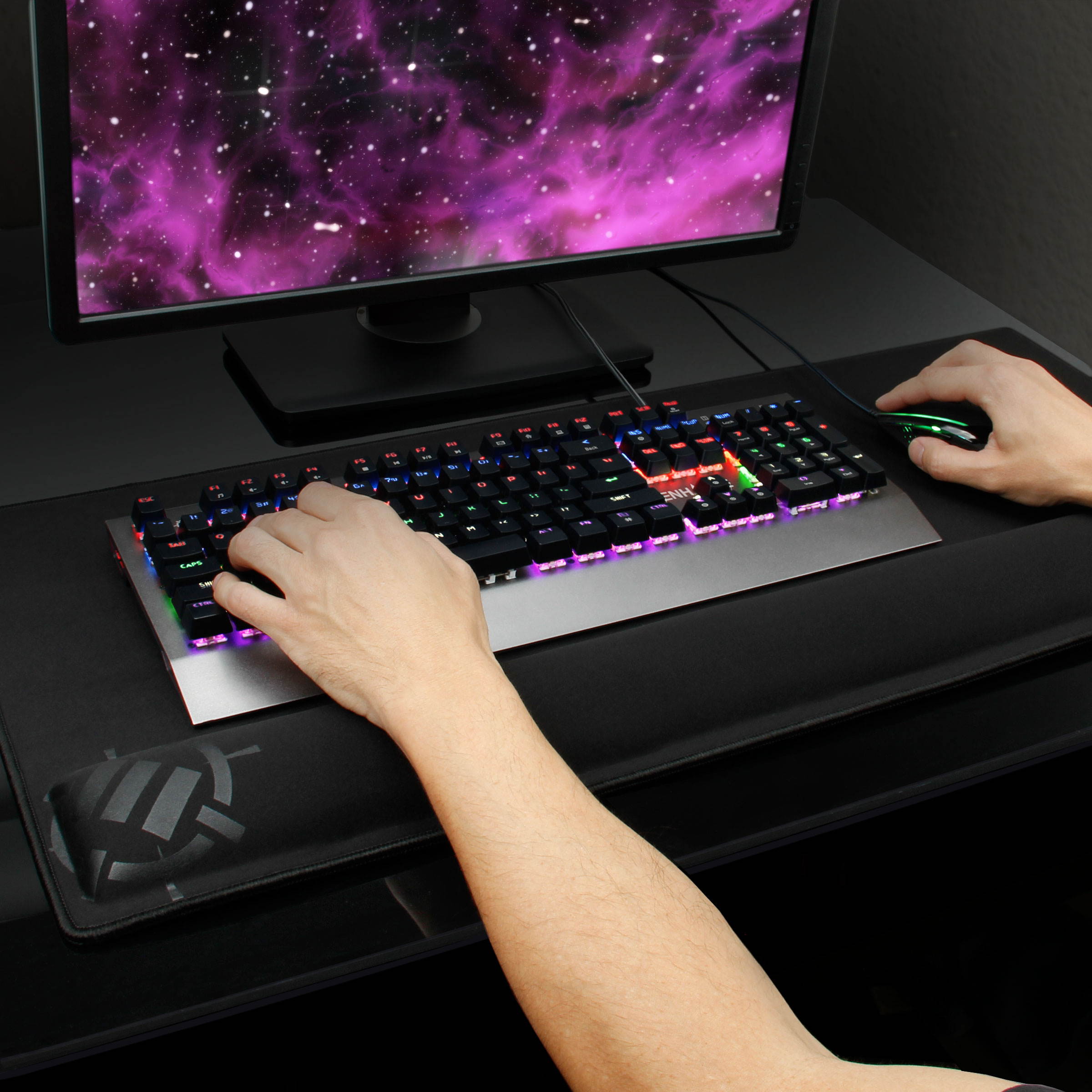 enhance large extended gaming mouse pad with memory foam wrist rest support by 31.5 x 13.78 x 1 inches  antifray stitching & premium soft tracking mat surface black