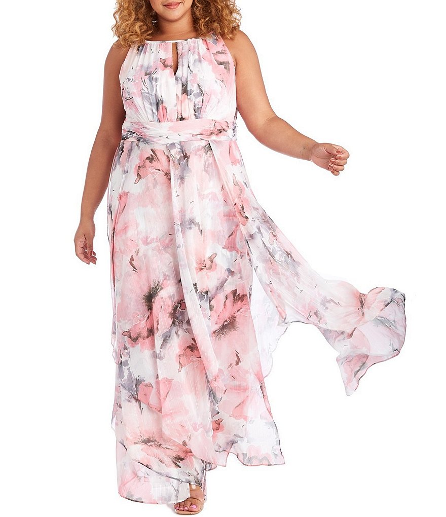 R & M Richards Plus Size Keyhole Neck Sleevless Floral Chiffon Maxi Dress