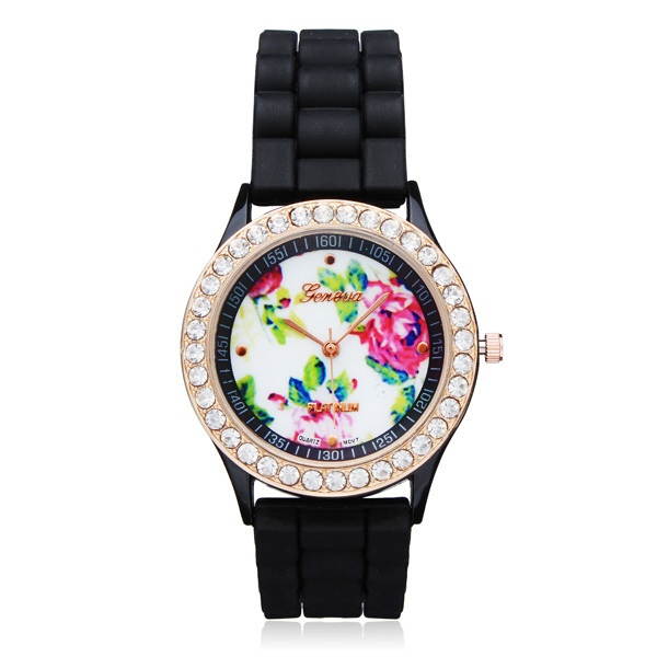 Geneva Women Flower Crystal Round Silicone Quartz Wrist Watch -