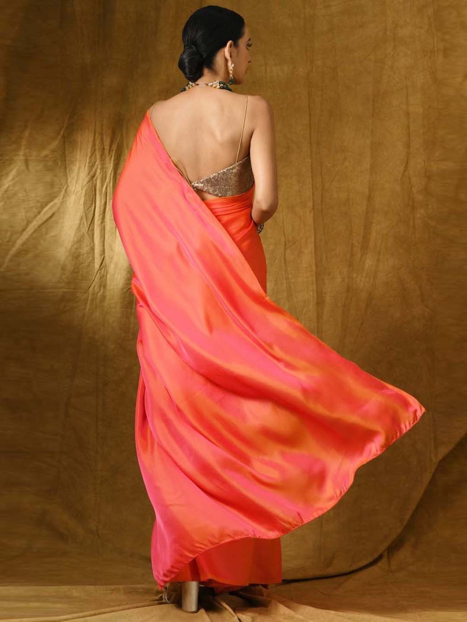 Swtantra Pink & Orange Satin Saree