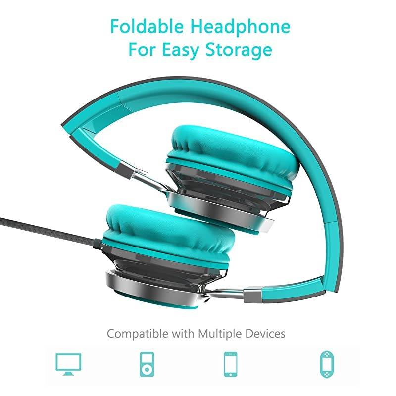 i39 Headphones with Microphone Foldable Lightweight Adjustable On Ear Headsets with 3.5mm Jack for Cellphones Computer MP3/4 Kindle School (Mint/Gray)