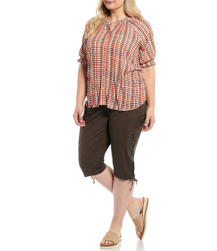 Bobeau Plus Size Gingham Print Ruffle Trim Split Round Neck Short Sleeve Button Down Top