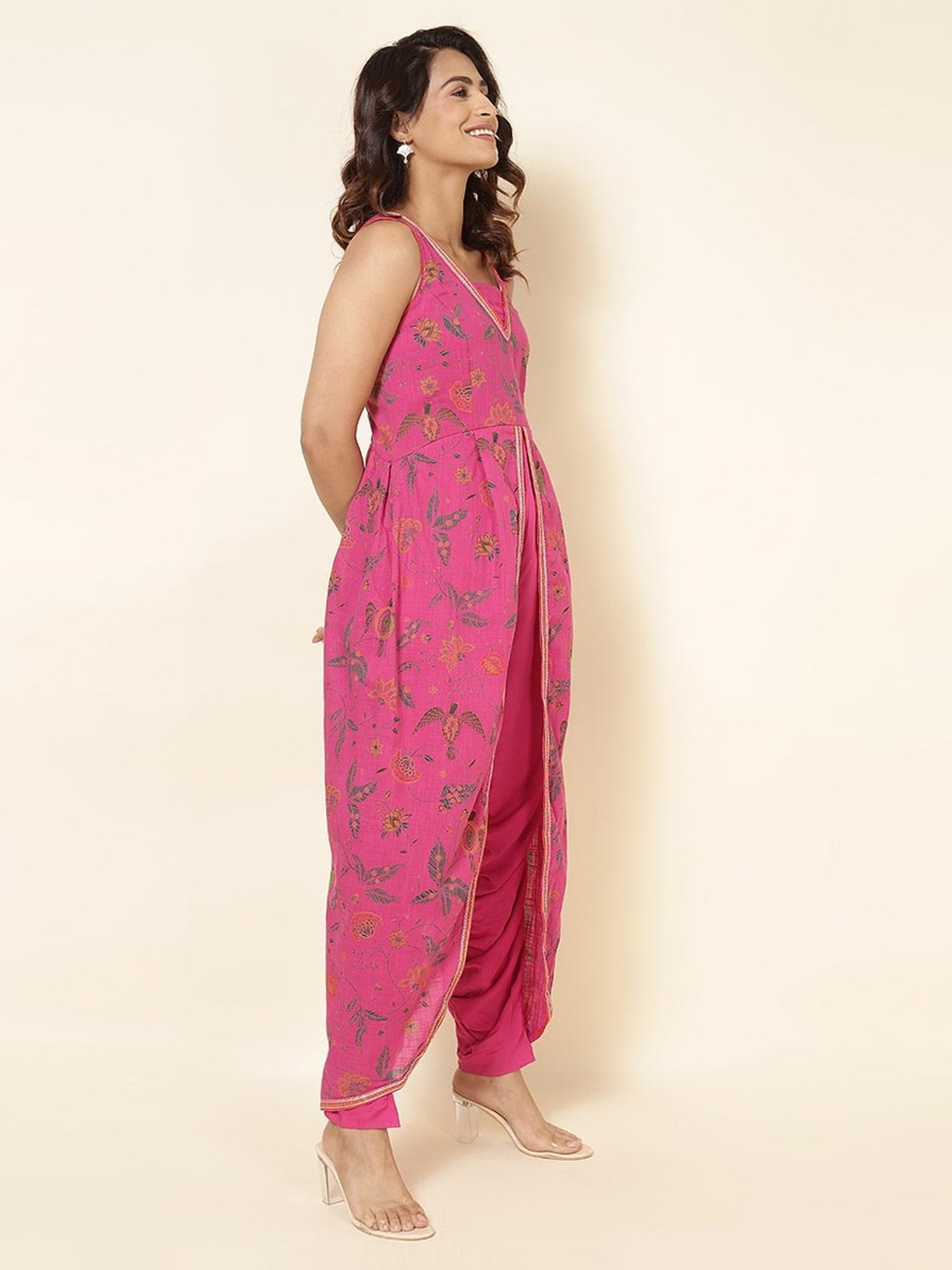 Fabindia Pink Cotton Floral Print Jumpsuit