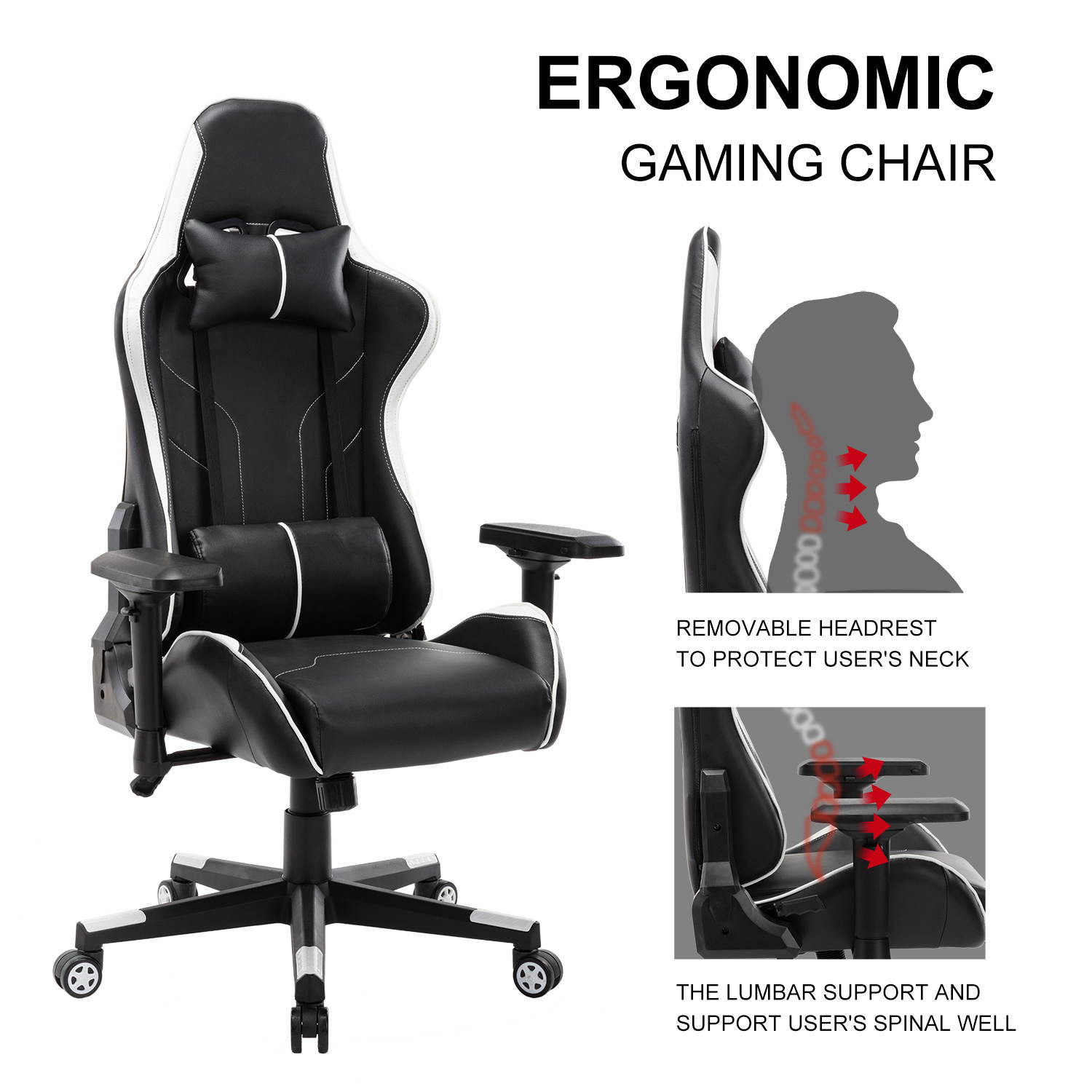 Gaming Chair, UHOMEPRO PU Leather High Back Computer Chair Office Chair, Home Desk Chair, PC Racing Chair, Executive Ergonomic Adjustable Task Chair with Headrest and Lumbar Support
