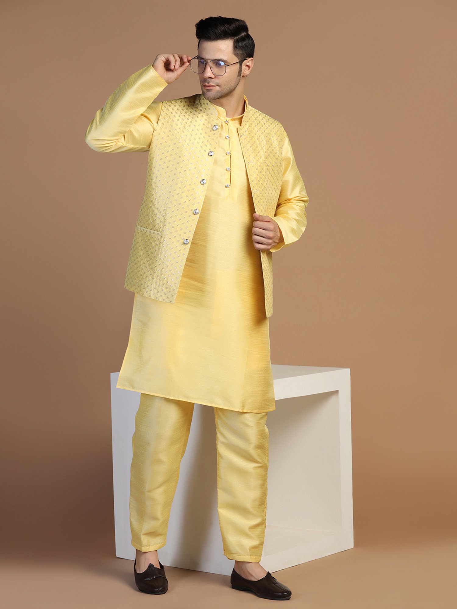 TAHVO Yellow Regular Fit Embroidered Nehru Jacket