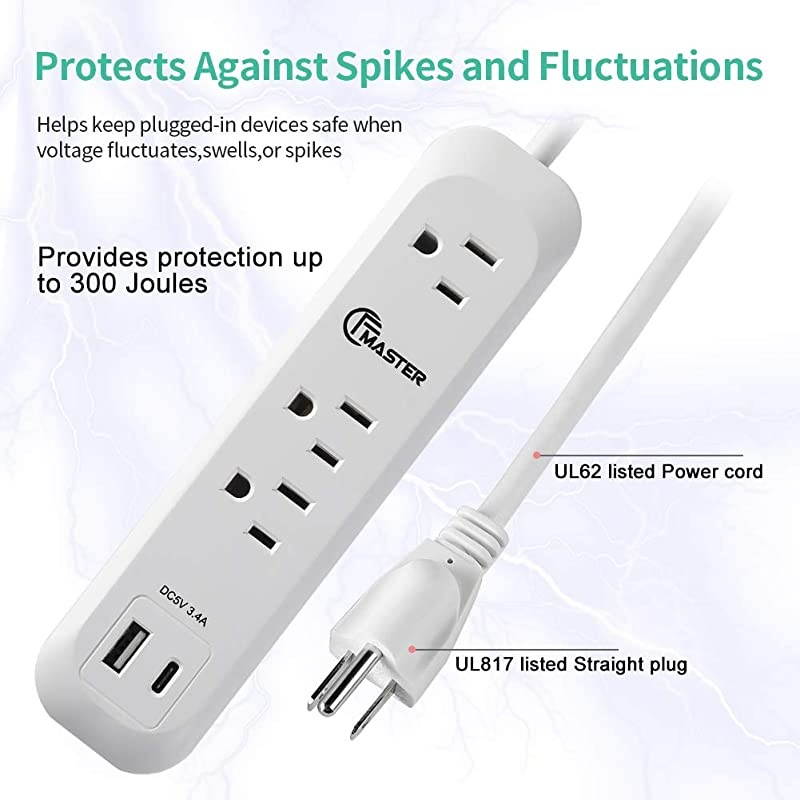 Fast Charger Power Strip Surge Protector Wall Outlets with 6FT Cord Straight Plug 3 AC Outlets 2 Smart IC Outlets34A 5V White
