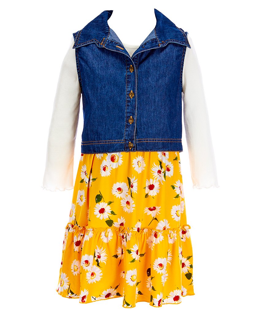 Zunie Big Girls 7-12 Ribbed Top Denim Vest Floral Tiered Dress Set