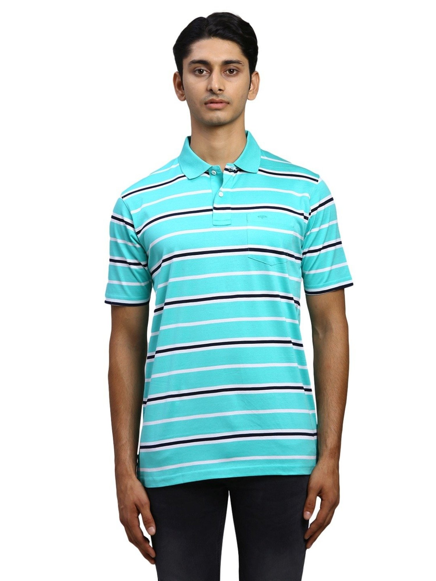 ColorPlus Green Cotton Classic Fit Striped Polo T-Shirt
