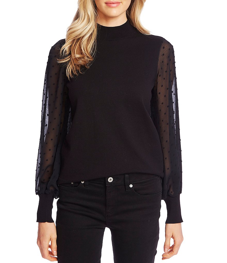 CeCe Mock Neck Long Sleeve Clip Dot Sweater