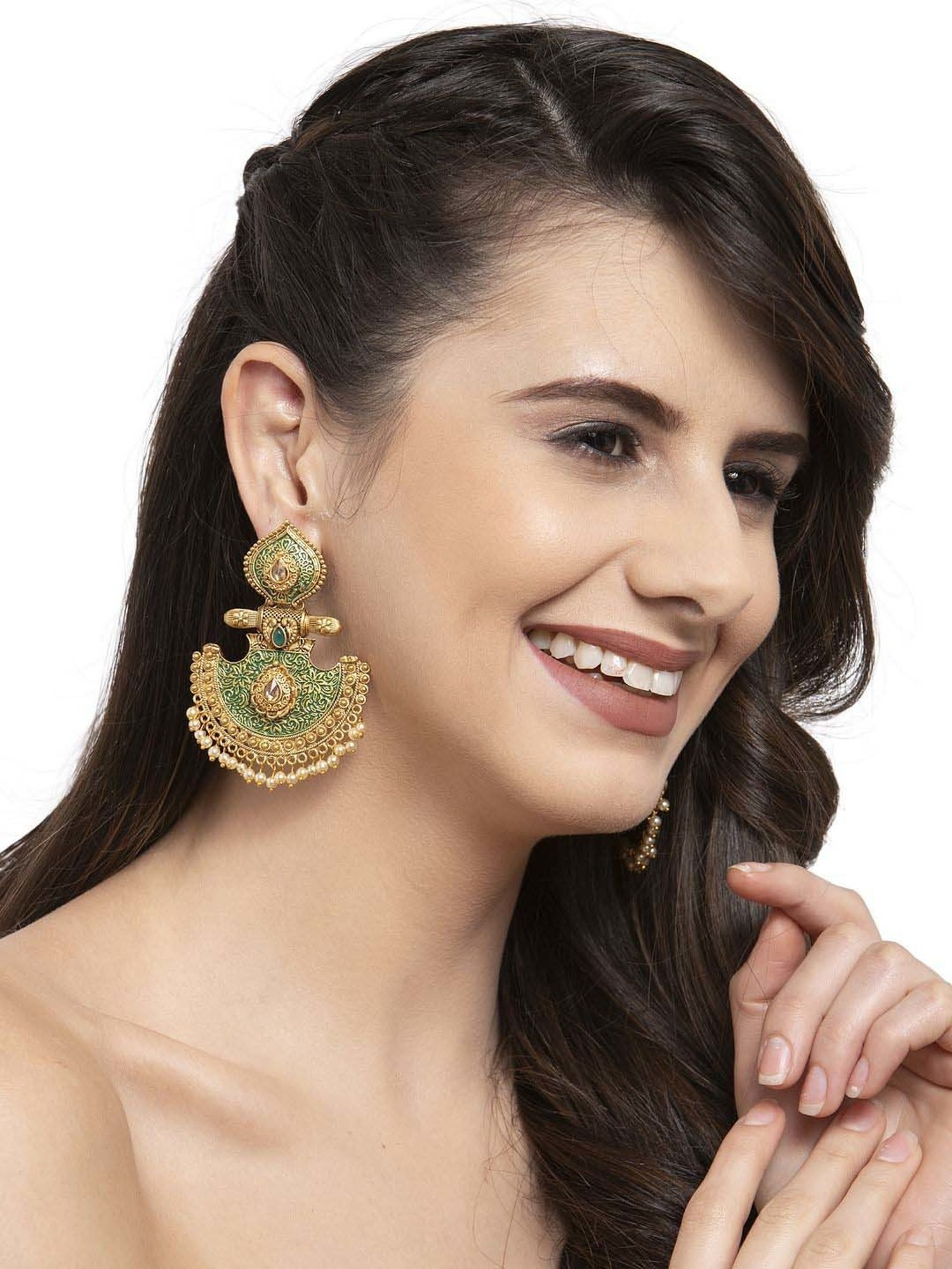 Panash Gold-Toned & Green Geometric Handpainted Jhumki Earrings