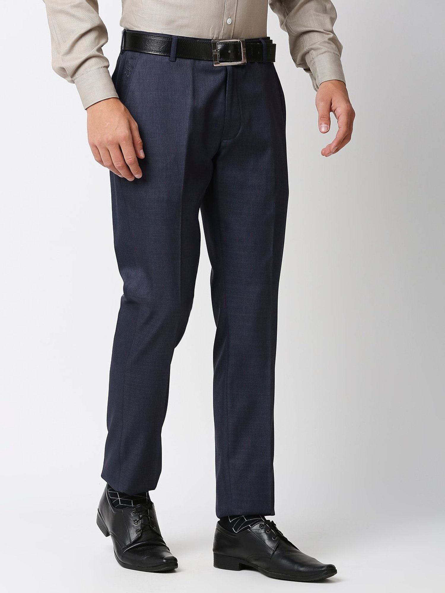 SOLEMIO Navy Regular Fit Flat Front Trousers