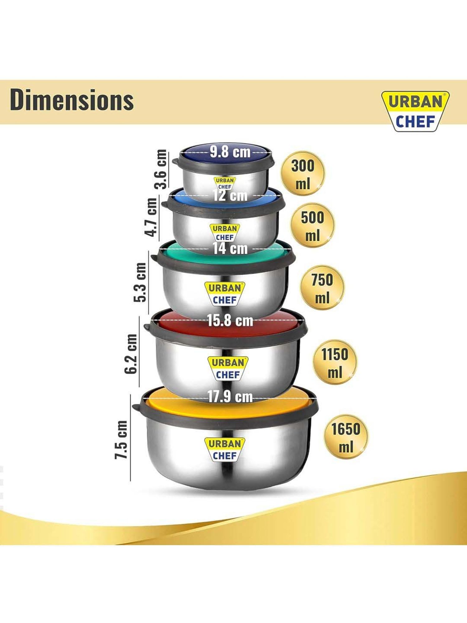 Urban Chef Multicolor Stainless Steel Fresca Push & Lock Bowl Storage Set With Lid - Set of 5